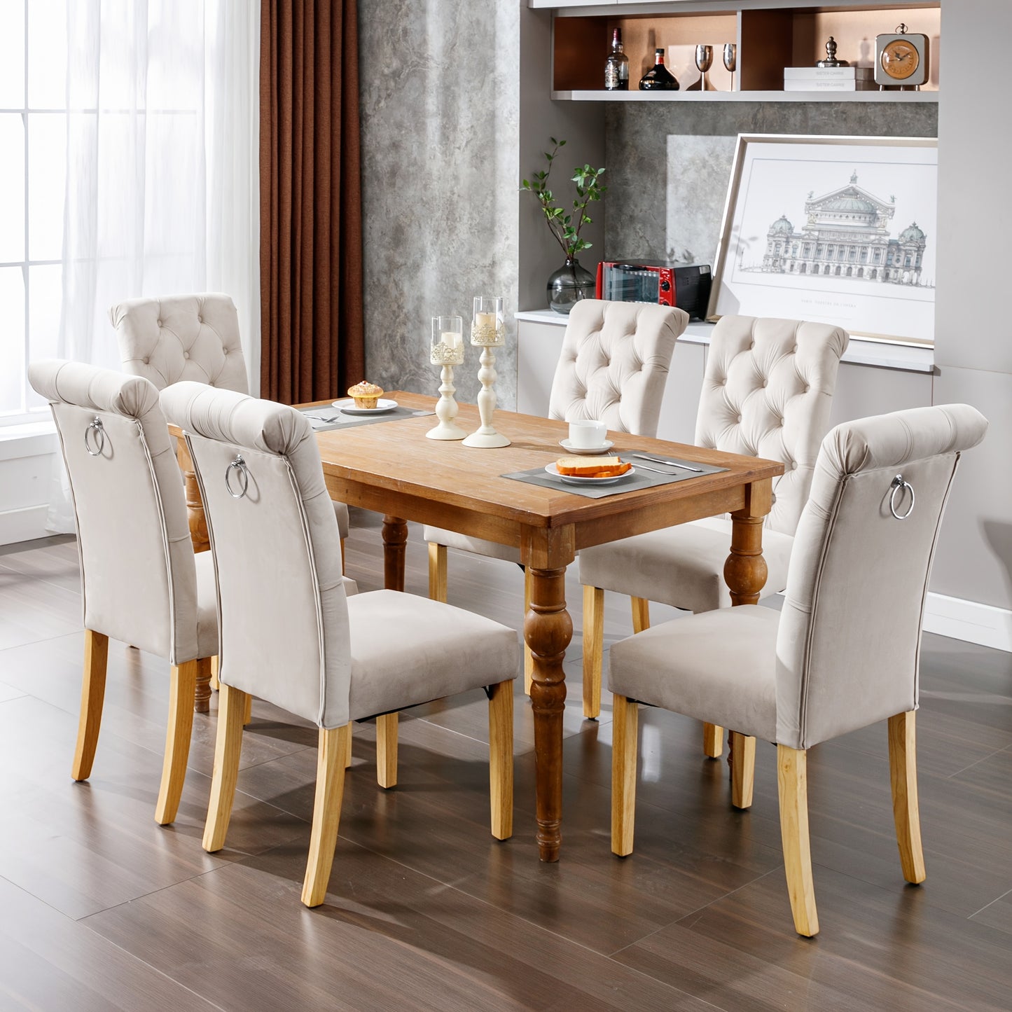 Eetkamerstoel – Stoel – Kuipstoel – Meubel – Lounge Stoel – Set Van 6 Beige Velvet Stoelen – Eikenhouten Poten – Metalen Frame