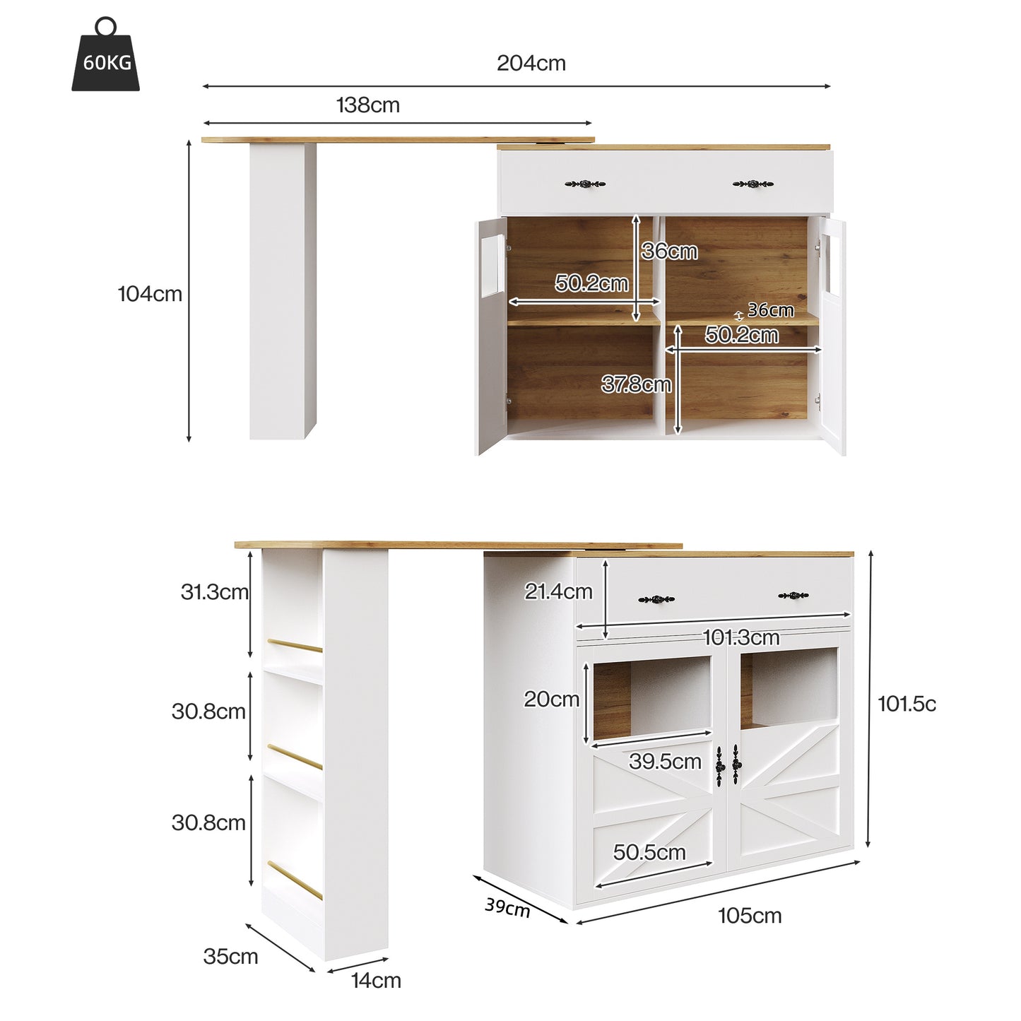 Bartafel – Bistrotafel – Barmeubel – Keukentafel – Uitklapbare Tafel Wit – 360° Draaibaar Blad – Uitschuifbaar 138-204 cm