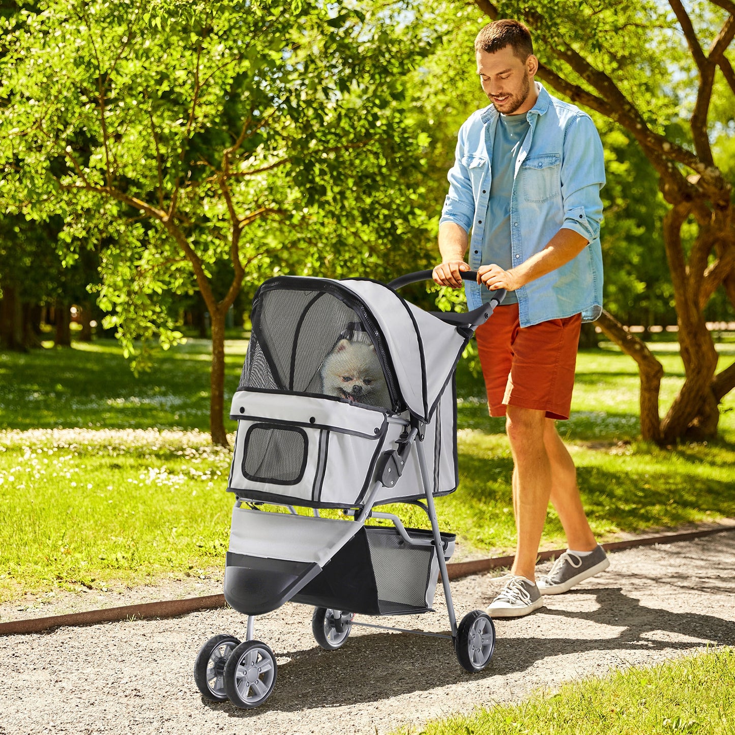 Hondenwagen – Hondenbuggy – Hondentrolley – Hondenkar – Opvouwbare Draagbare Wagen – Geschikt voor Honden tot 10 kg – Verstelbare Zonneklep – Grijs