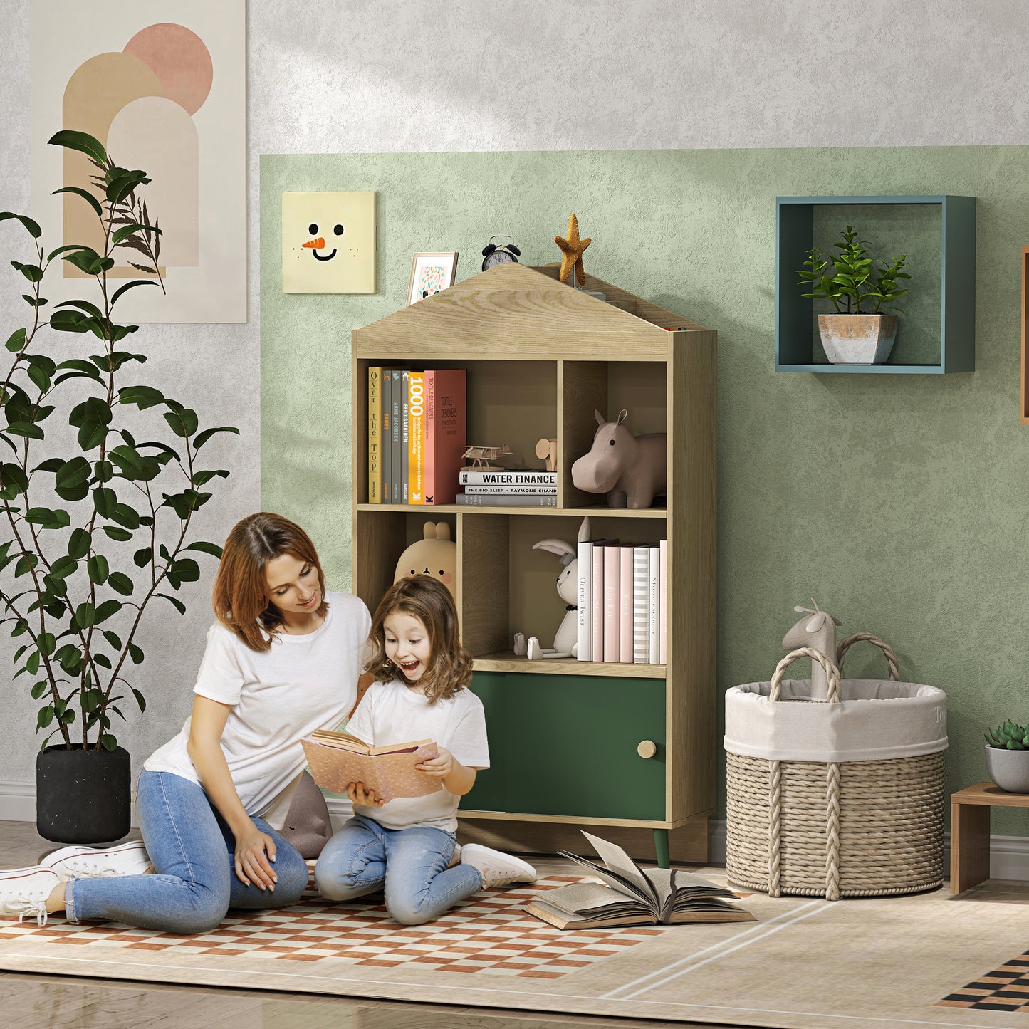 AIYAPLAY 'S Library Bookshelf 'S Storage Shelf 'S Room Toy Storage Furniture with 4 Niches, Cabinet for Playroom, 'S Room, Living Room - 80 X 30 X 140, 5 Cm Green