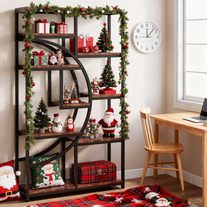 Tall 5-Tier Industrial Bookcase with 9-Shelf Open Storage - Rustic Modern Freestanding Shelving Unit Suitable for Living Room, Bedroom, Christmas Decor - Wood & Metal Frame, Assembly, Space-Saving Vertical Organizer