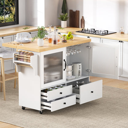 Mobiel Keukeneiland – Keukentrolley – Uitklapbare Tafel – Bartafel – Opbergmeubel – Zwenkwieltjes – Uitschuifbaar – Glazen Deuren