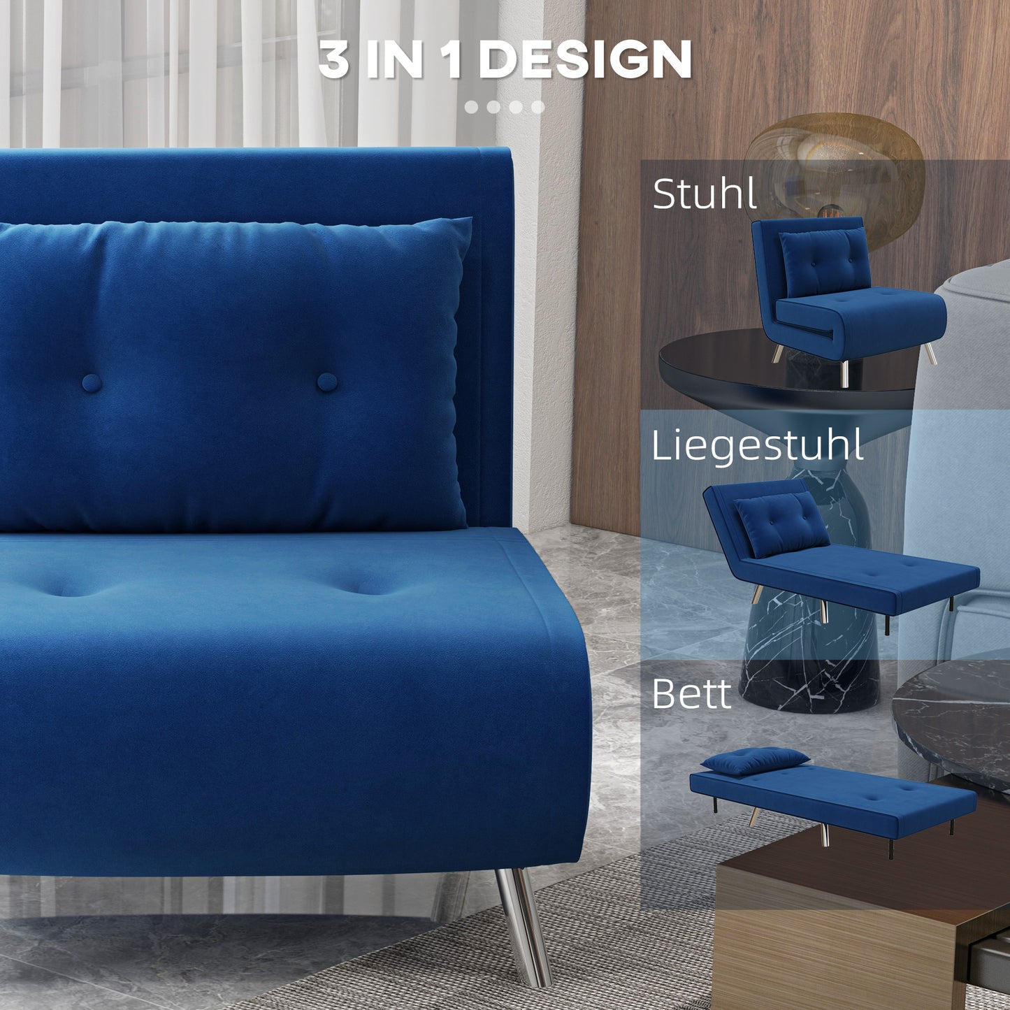 Armchair, Folding Chair with Bed Function, Single Sofa with Cushion, Guest Bed, Upholstered Sofa with Velvet Look, for Living Room, Bedroom, Blue, 77 X 88 X 83 Cm