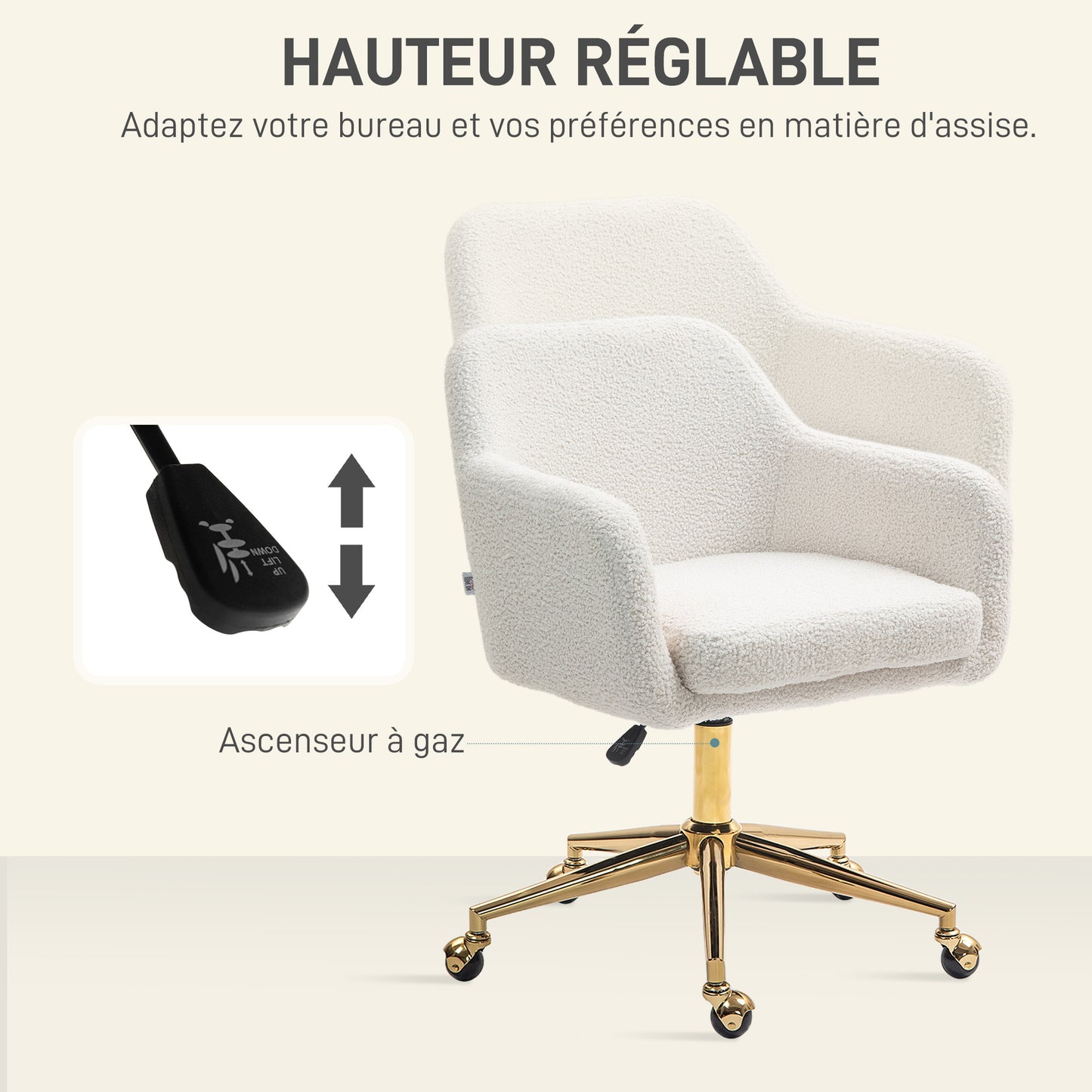 Bureaustoel – Werkstoel – Computestoel – Bureaustoel Met Wielen – Draaistoel – Verstelbare Hoogte – 360° Swivel – Max. 120 Kg – Crème Kleur