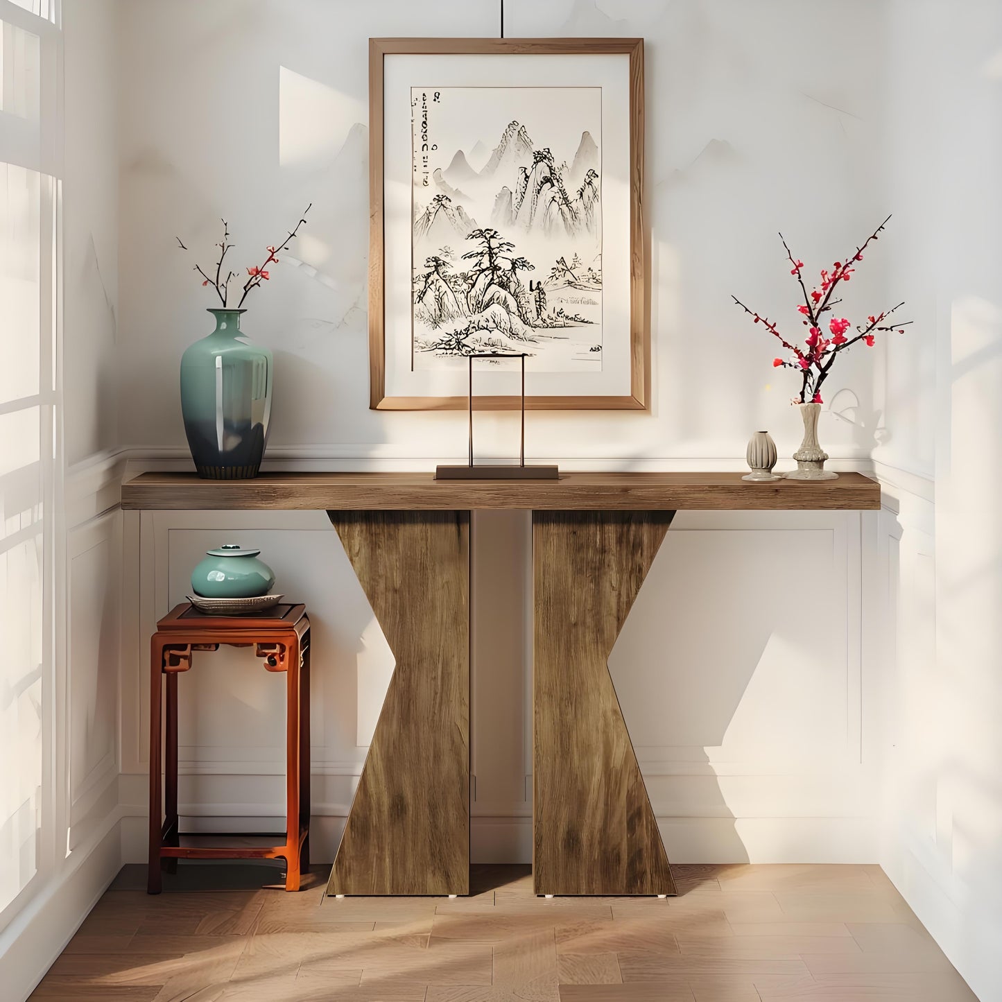 Console Tafel – Smalle Sidetable – Haltafel – Sofa Tafel – Sidetable Eikenlook – 140 cm Breed – 4 cm Dikke Houten Top – Robuuste K-vormige Onderstel