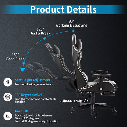 Gamestoel – Gaming Stoel – Gaming Chair – Game Stoel – Bureaustoel – Ergonomische Lendensteun – Verstelbare Hoge Rugleuning – PU Leer – Met Voetensteun – Zwart Wit