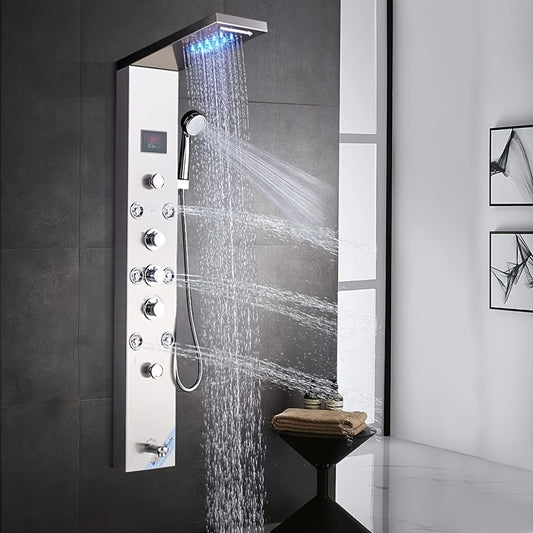 Shower Panel Tower System, Stainless Steel 6-Function Faucet Rainfall Waterfall Shower Head Handheld Sprayer Rain Massage Body Jets Tub Spout, Brushed Nickel, Shower System, Bathroom Decor And Accessories
