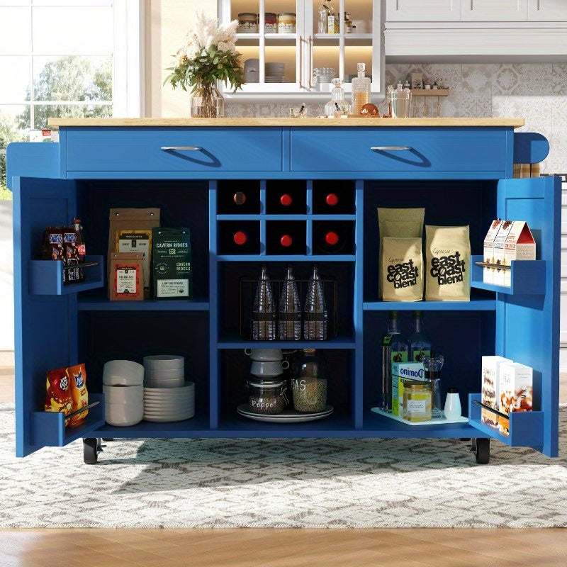 Keukeneiland – Keukenwagen – Keukentrolley – Buffetkast – Opbergkast – Blauw Met Houtnerf – 102x45x92 cm – Duurzaam Met Metaalframe