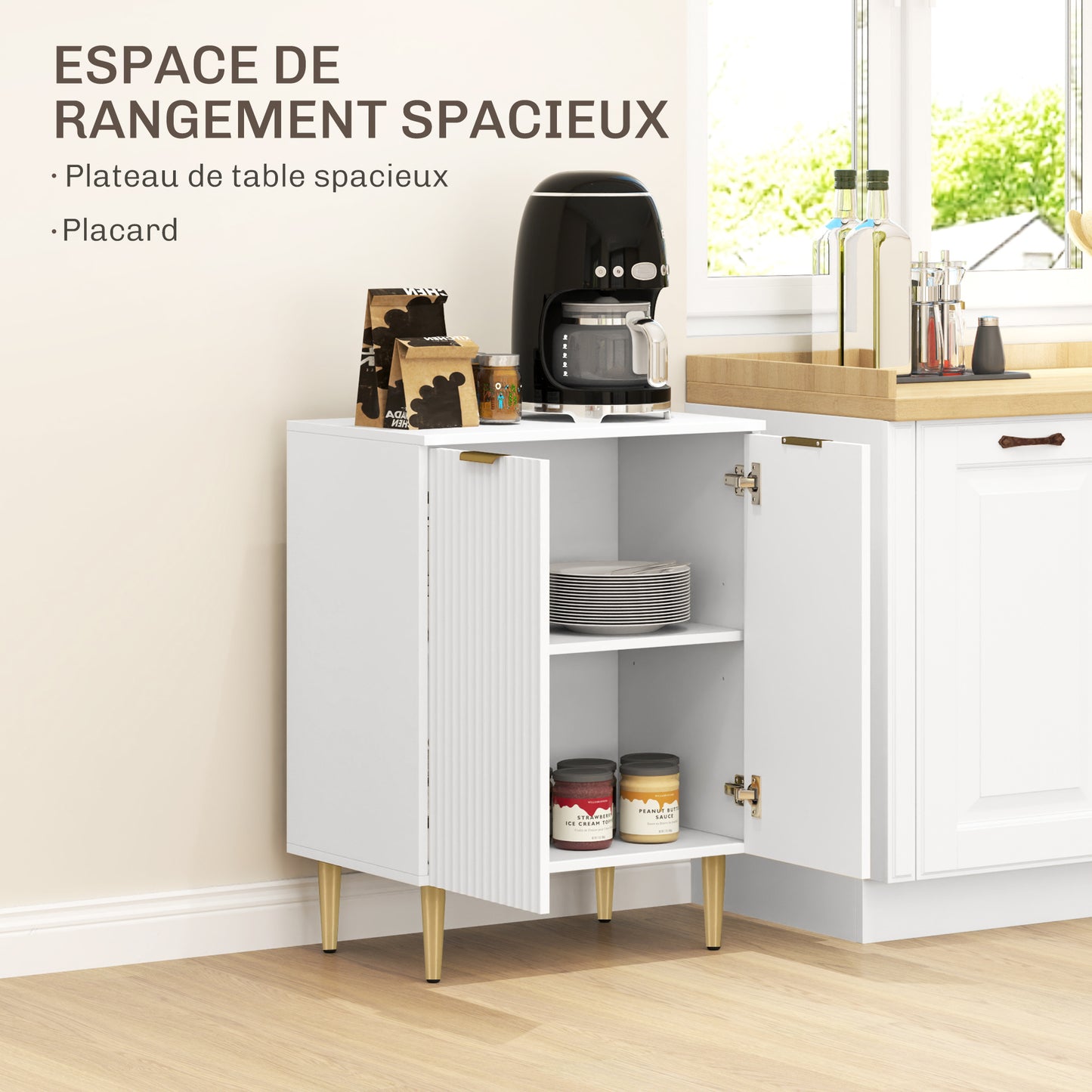 Keukenkast – Buffetkast – Opbergkast – Dressoir – Sideboard – 2 Deuren – Verstelbare Plank – Metalen Poten – Wit – Compact 60x40x80 cm
