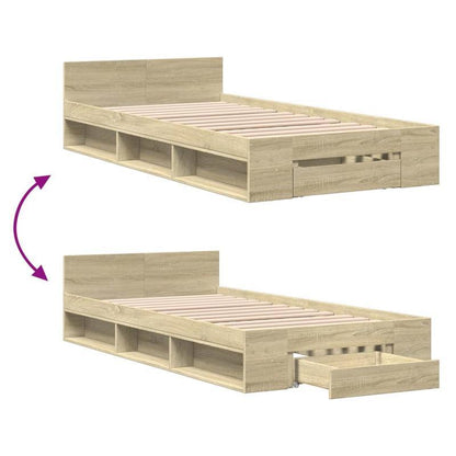 Bed – Bedframe – Platformbed – Eenpersoonsbed – Opbergbed – Ingebouwde Opberglades – Ruimtebesparend Design – Sonoma Eiken Afwerking – Geschikt Voor Matras 90x190 cm
