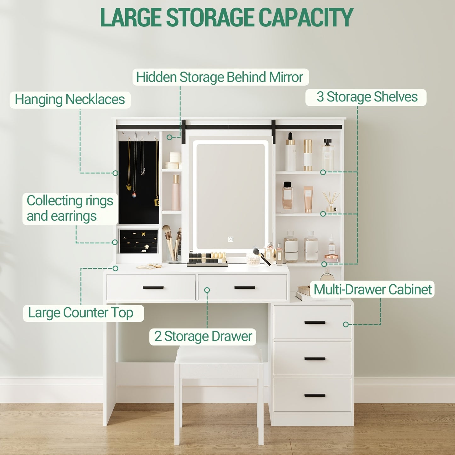Dressing Table with Adjustable LED Lighting, Removable Large Mirror, with Jewelry Storage, Open Shelves, 5 Drawers, with Side Table, for Bedroom, White