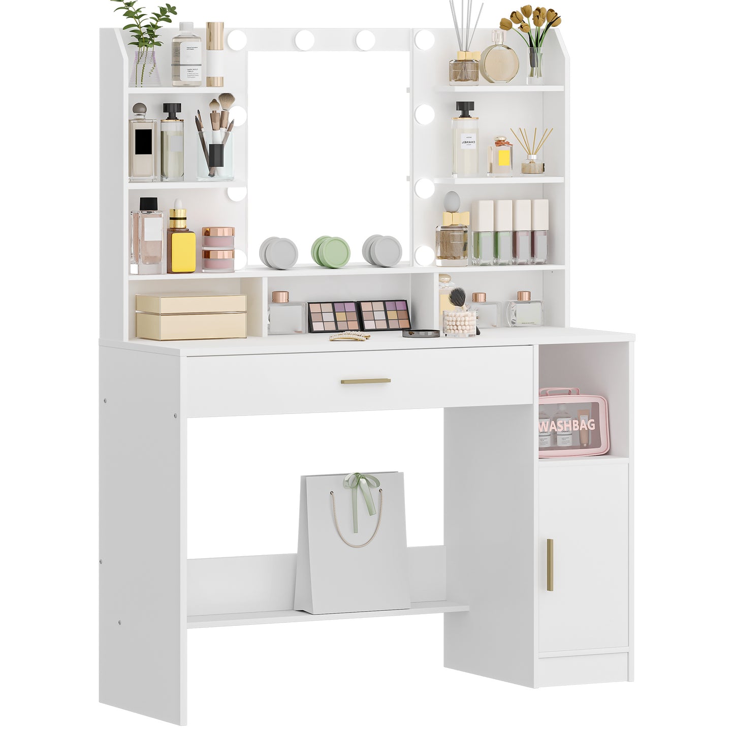 Make-up Tafel – Kaptafel – Dressoir – Sieradendoos – Make-up Kast – Witte Make-up Tafel – Ingebouwde LED-verlichting – Ruime Opberglades en Open Vakken