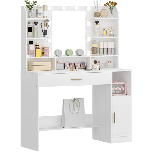 Make-up Tafel – Kaptafel – Dressoir – Sieradendoos – Make-up Kast – Witte Make-up Tafel – Ingebouwde LED-verlichting – Ruime Opberglades en Open Vakken