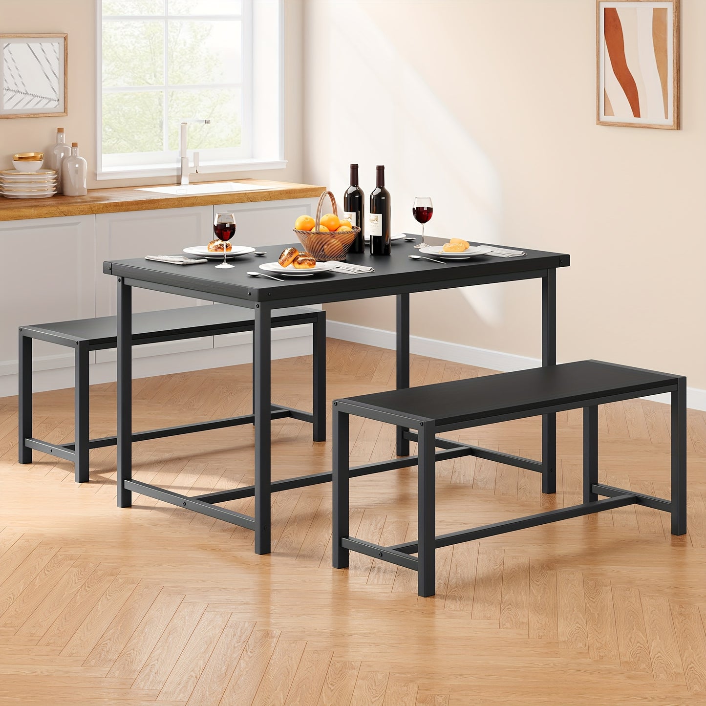Bar Tafel Set – Bistro Set – Bar Meubel – Eettafel Set – Compact Meubel – Ruimtebesparend Design – Drie-Laagse Opbergruimte – Grijs MDF & Metaal