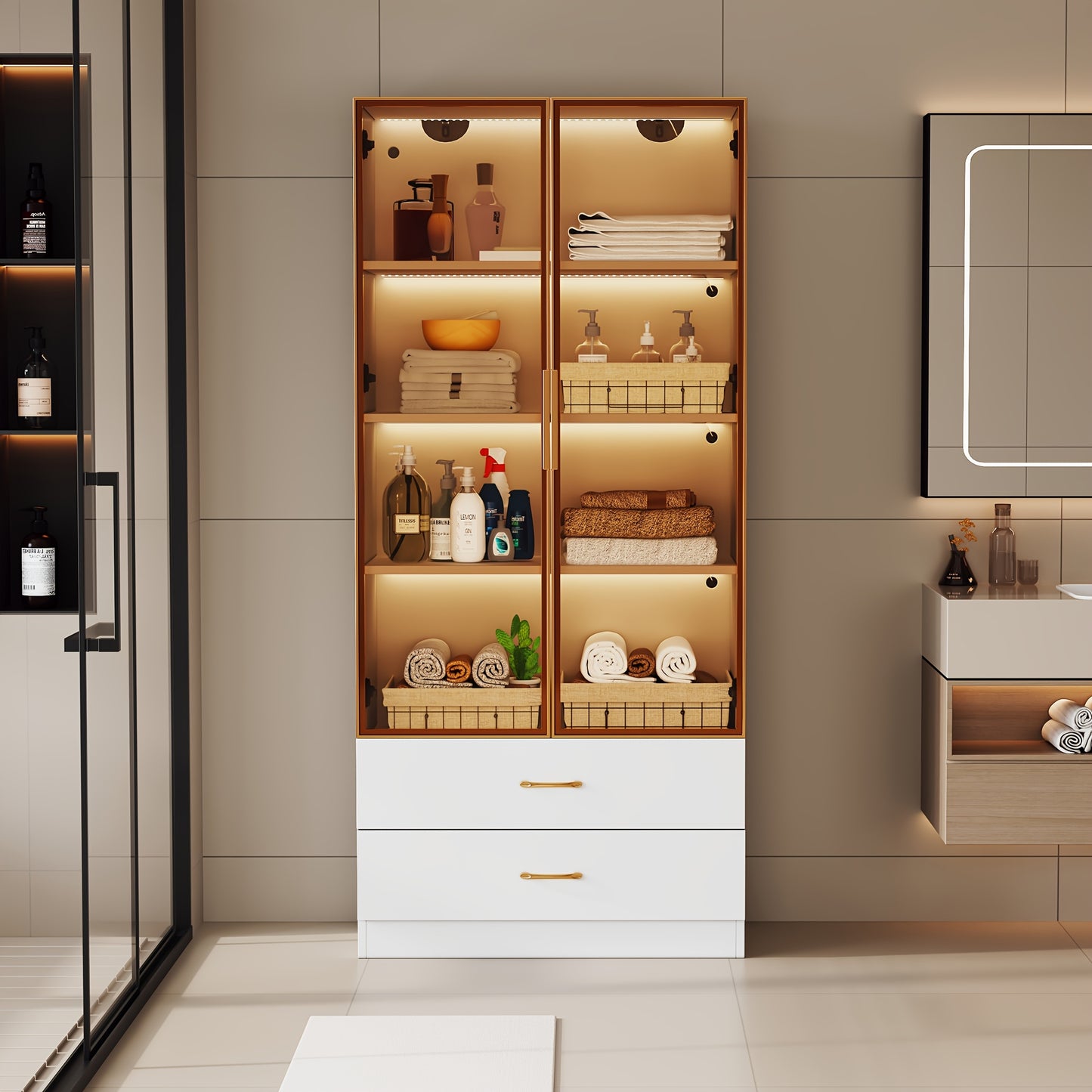 Middelgrote Vitrinekast / Display Cabinet – 75 cm Breed • 2 Grote Laden & 2 Glazen Deuren – Voor Slaapkamer, Woonkamer of Kantoor