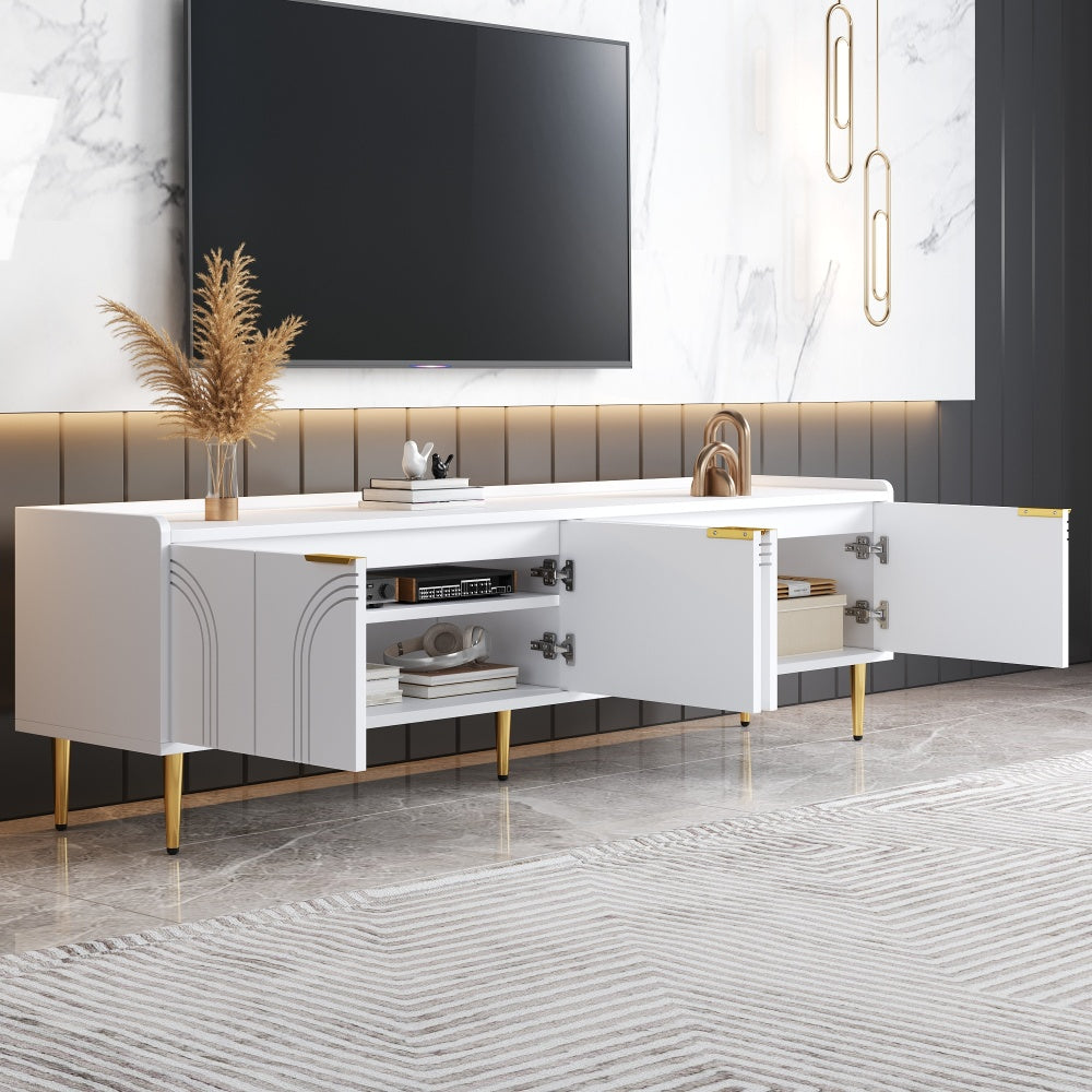 TV Cabinet | Low Unit with Textured Doors, Golden Handles, and Golden Feet | Optimal Storage for Audio-Visual Equipment, Games Consoles, Books, or Decorative Items | Keeps Belongings Efficiently Organized and Tidy | Metal Mat