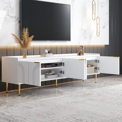 TV Cabinet | Low Unit with Textured Doors, Golden Handles, and Golden Feet | Optimal Storage for Audio-Visual Equipment, Games Consoles, Books, or Decorative Items | Keeps Belongings Efficiently Organized and Tidy | Metal Mat