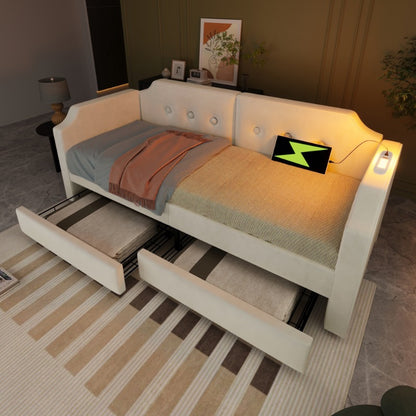 Bedbank – Slaapbank – Sofa Bed – Logeerbed – Zetelbed – 90x200 cm – Ingebouwde Leeslamp – 2 Opbergladen
