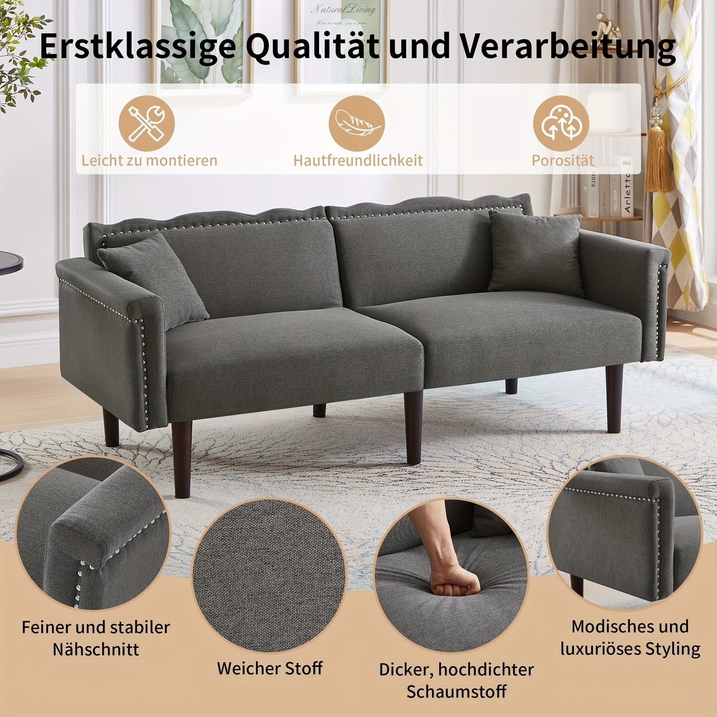 Bedbank – Slaapbank – 2-Zits Bank – Sofa – Logeerbed – Verstelbare Rugleuningen – Katoen-Linnen Bekleding – Hoogwaardig Schuim