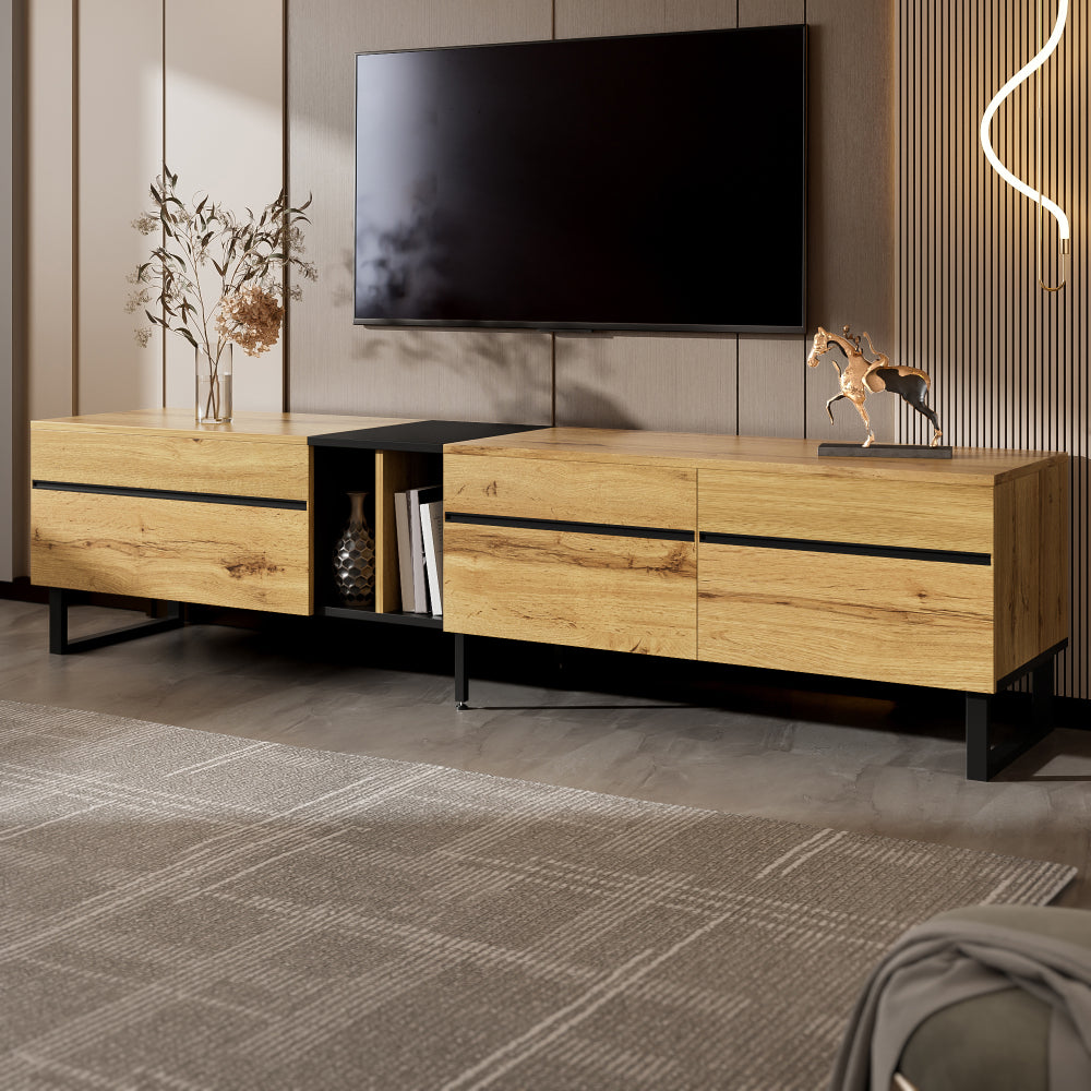 Modern TV Base Unit 180cm, featuring a lift-up storage compartment, open shelving and double doors. This minimalist TV cabinet serves as a versatile storage solution for dining, television and living room use, offering ample