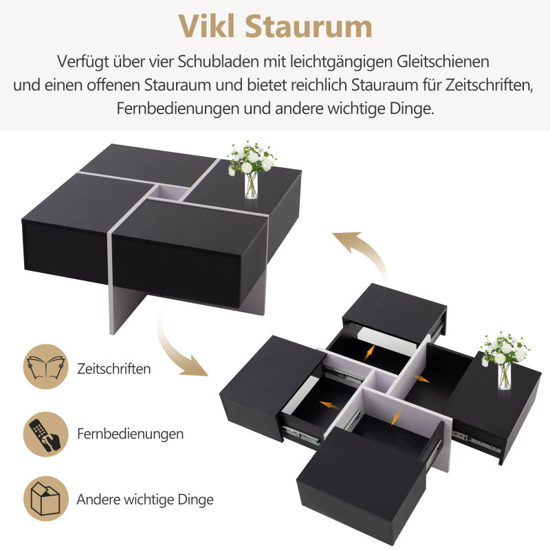 Salontafel – Koffietafel – Bijzettafel – Woonkamertafel – Tafeltje – Hoogglans Zwart-Wit – 70x70x35 cm – Met Opbergruimte en 4 Laden