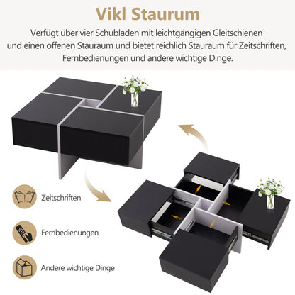 Salontafel – Koffietafel – Bijzettafel – Woonkamertafel – Tafeltje – Hoogglans Zwart-Wit – 70x70x35 cm – Met Opbergruimte en 4 Laden