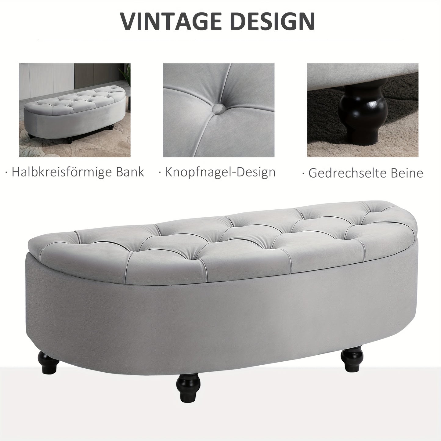 Poef – Opbergbank – Voetenbankje – Hocker – Zitkist – Fluweel Bekleed – Metalen Frame – Grijs – Met Verborgen Opbergruimte – Getufte Zitting