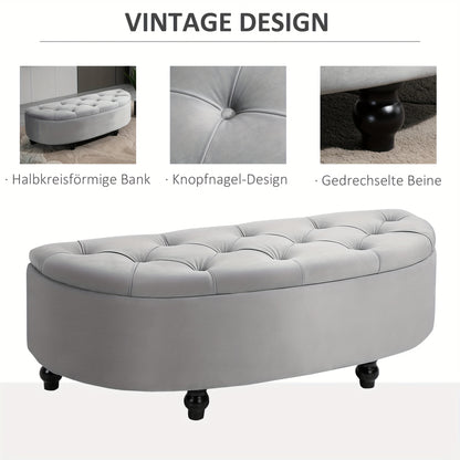 Poef – Opbergbank – Voetenbankje – Hocker – Zitkist – Fluweel Bekleed – Metalen Frame – Grijs – Met Verborgen Opbergruimte – Getufte Zitting