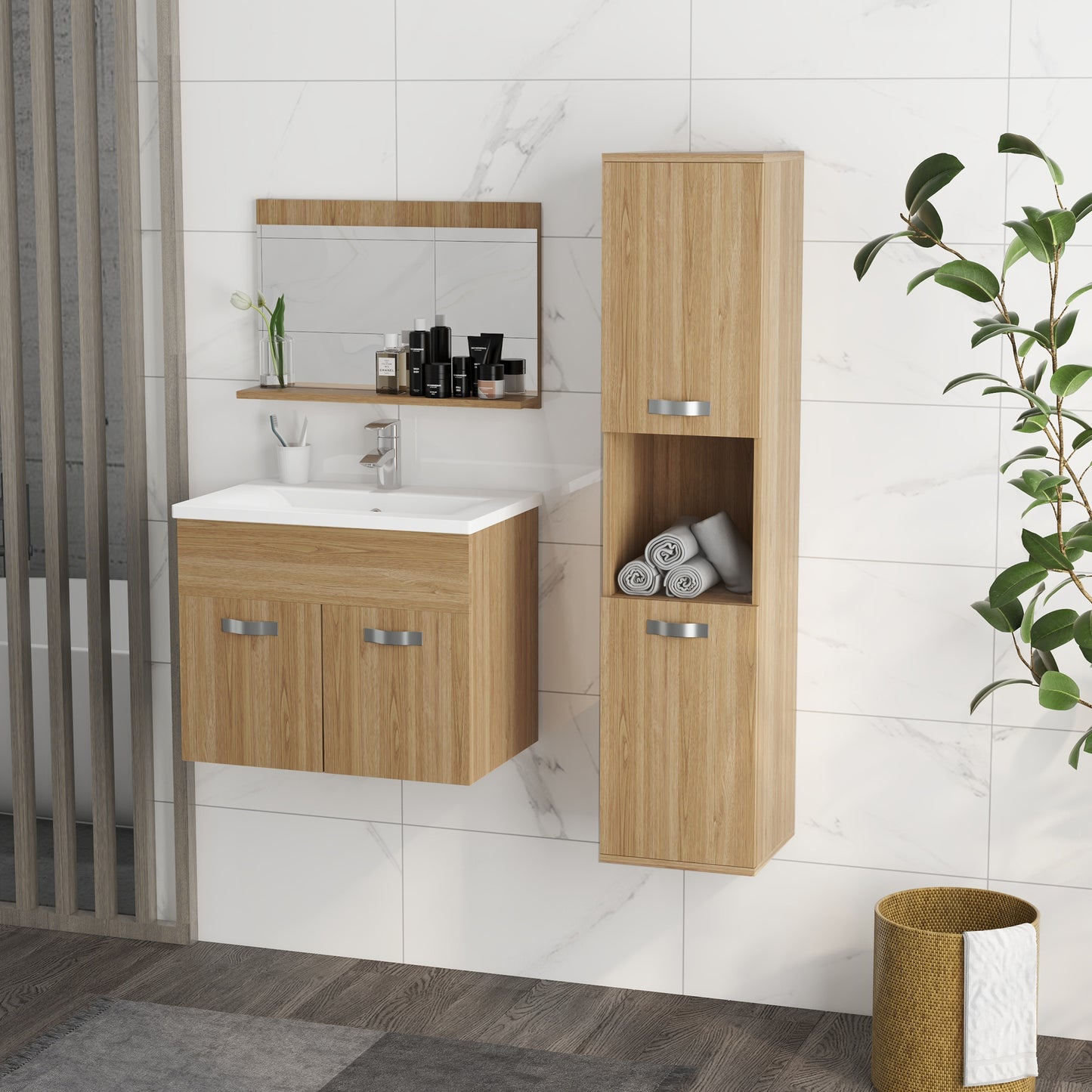 Badmeubelset – Badkamermeubel – Wastafelmeubel – Spiegelkast – Kolomkast – Zwevend Ontwerp – Keramische Waskom – Verstelbare Planken – Natuurlijke Houttinten