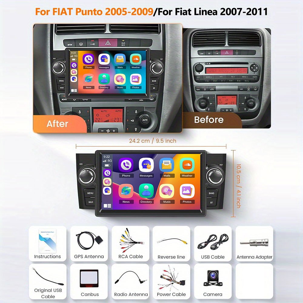 CAMECHO [2+64G] Android 15 Car Radio for FIAT Punto 2005-2009/ Linea 2007-2011, 17.78cm HD Touchscreen with Wireless CarPlay & Android Auto, GPS Navigation, WiFi, USB, FM RDS, AHD Backup Camera, Steering Wheel Control, Plug &