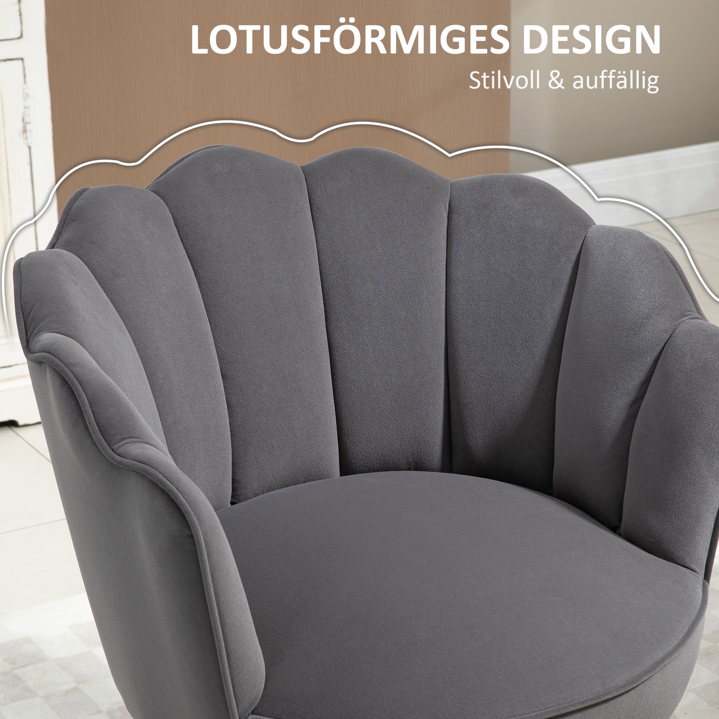 Lounge Stoel – Fauteuil – Relaxstoel – Leunstoel – Leesstoel – Donkergrijs – Fluweelachtig Stof – Schelpvorm Met Houten Poten