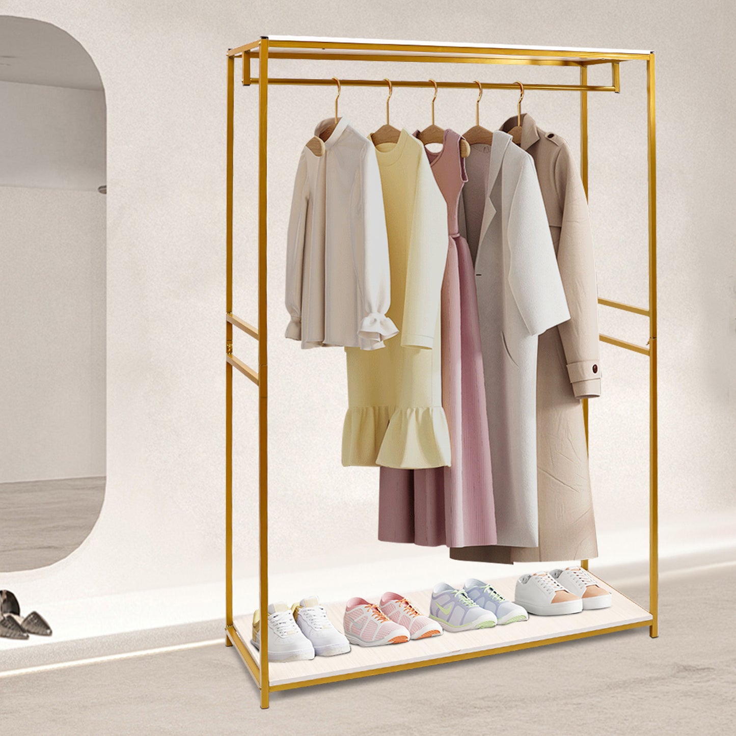 Heavy Duty Rolling Clothing Rack with Adjustable Height & 3-Tier Shelves - Golden Metal Frame Freestanding Garment Rack with Hanging Rods, Space-Saving Mobile Wardrobe Organizer for Home, Retail, Boutique - Sturdy Iron Constr