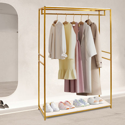 Heavy Duty Rolling Clothing Rack with Adjustable Height & 3-Tier Shelves - Golden Metal Frame Freestanding Garment Rack with Hanging Rods, Space-Saving Mobile Wardrobe Organizer for Home, Retail, Boutique - Sturdy Iron Constr