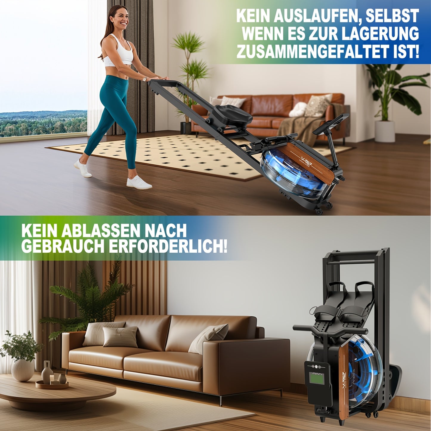 VOWVIT Foldable Water Rowing Machine for home Gym - Wireless Row Rower with Oak Wood Frame, Heavy-Duty Full-Size Training Device Suitable for s & Seniors, Space-Saving Equipment