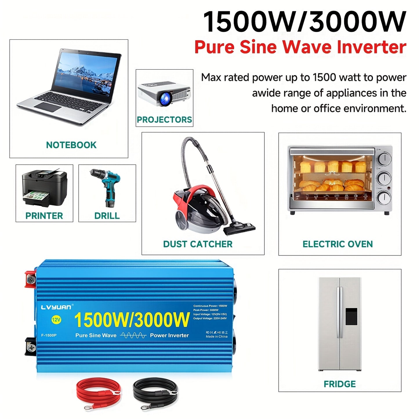 Omvormer 12V Naar 230V – DC Naar AC Converter – Power Inverter – Zuivere Sinus Omvormer – 1500W / 3000W Pieklast – LCD & LED Display – Aluminium Behuizing