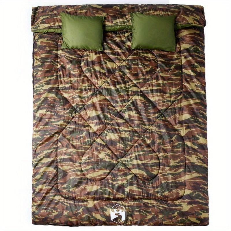 Slaapzak – Dubbelslaapzak – Campingzak – Outdoor Slaapzak – Trekking Slaapzak – 3-4 Seizoenen – Lichtgewicht Met 2 Kussens – Duurzaam Polypropyleen – Camouflage Groen