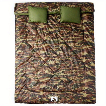 Slaapzak – Dubbelslaapzak – Campingzak – Outdoor Slaapzak – Trekking Slaapzak – 3-4 Seizoenen – Lichtgewicht Met 2 Kussens – Duurzaam Polypropyleen – Camouflage Groen
