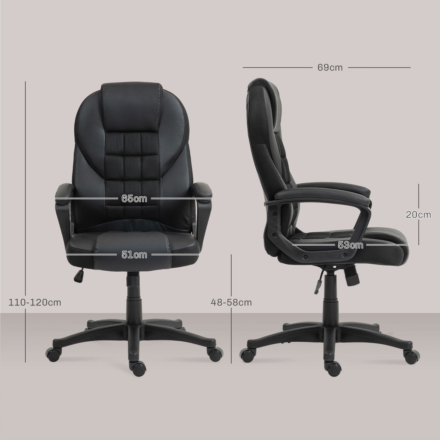 HOMCOM Ergonomic Office Chair, Office Armchair, Ergonomic Computer Chair, with Adjustable Height, Reclining Function and 360° Swivel Seat, 65l x 69P x 110-120H cm, black
