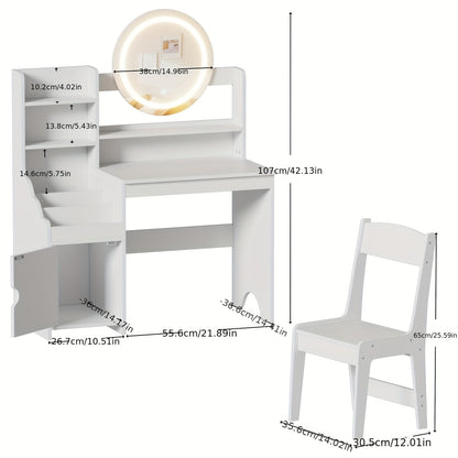 Make-up Tafel – Kaptafel – Schminktafel – Vanity Set – Opmaaktafel – MDF en Hout – Met Spiegel en Krukje – Eenvoudige Montage