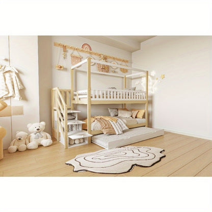 Hoogslaper – Loftbed – Stapelbed – Kinderbed – Eenpersoonsbed – Met Veiligheidshekken – Uitschuifbaar Bed – Opberglade – Wit/Naturel – 90x200 cm – Ruimtebesparend Design