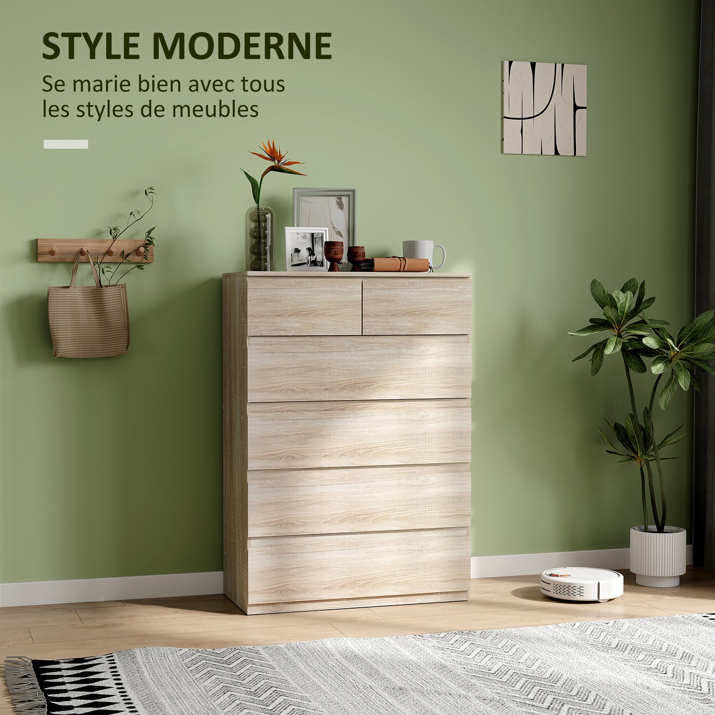 Commode – Ladekast – Dressoir – Kast – Opbergkast – Natuurlijk Hout – 6 Lades – Anti-Kantelbeveiliging – Strak Minimalistisch Design