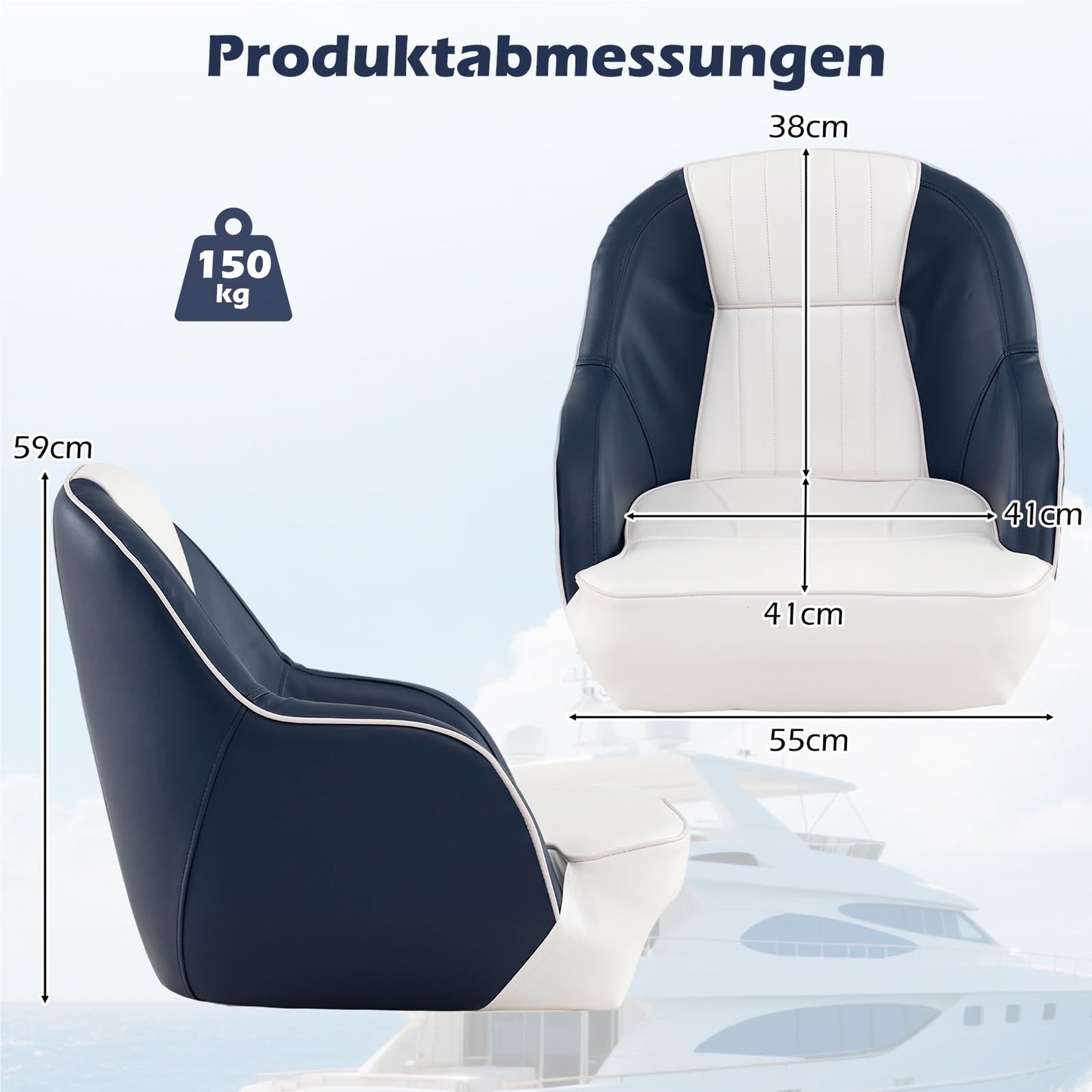 Bootstoel – Bootzitje – Bootsstoel – Bootstoel met armleuningen – Vissersstoel – Waterbestendig PVC Leder – Dikke schuimkussens 15 cm – Ergonomisch ontwerp – Blauw/Wit