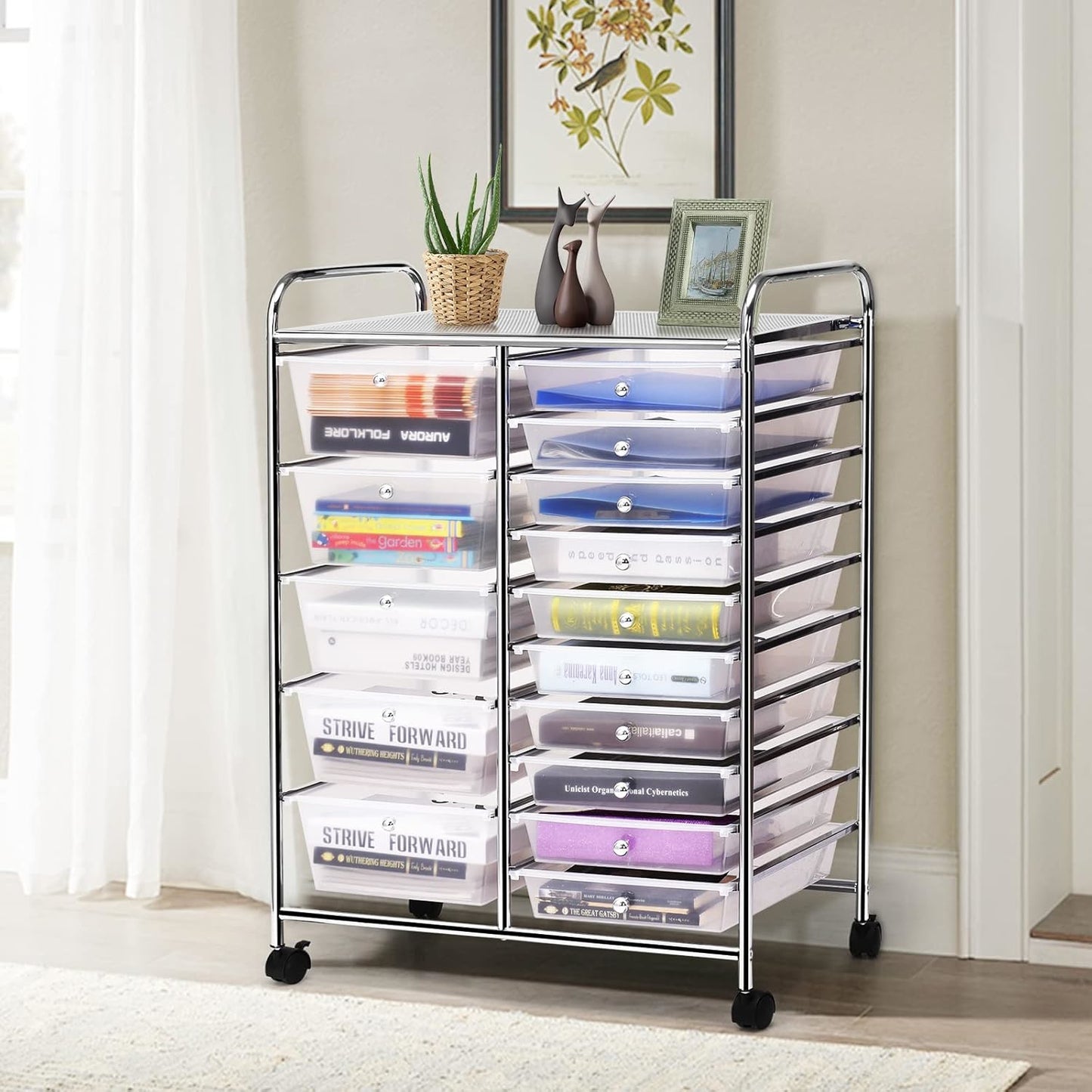 Opbergtrolley – Opbergwagen – Keukentrolley – Serveerwagen – Opbergrek – 15 Laden – Stalen Frame – Lockbare Wielen