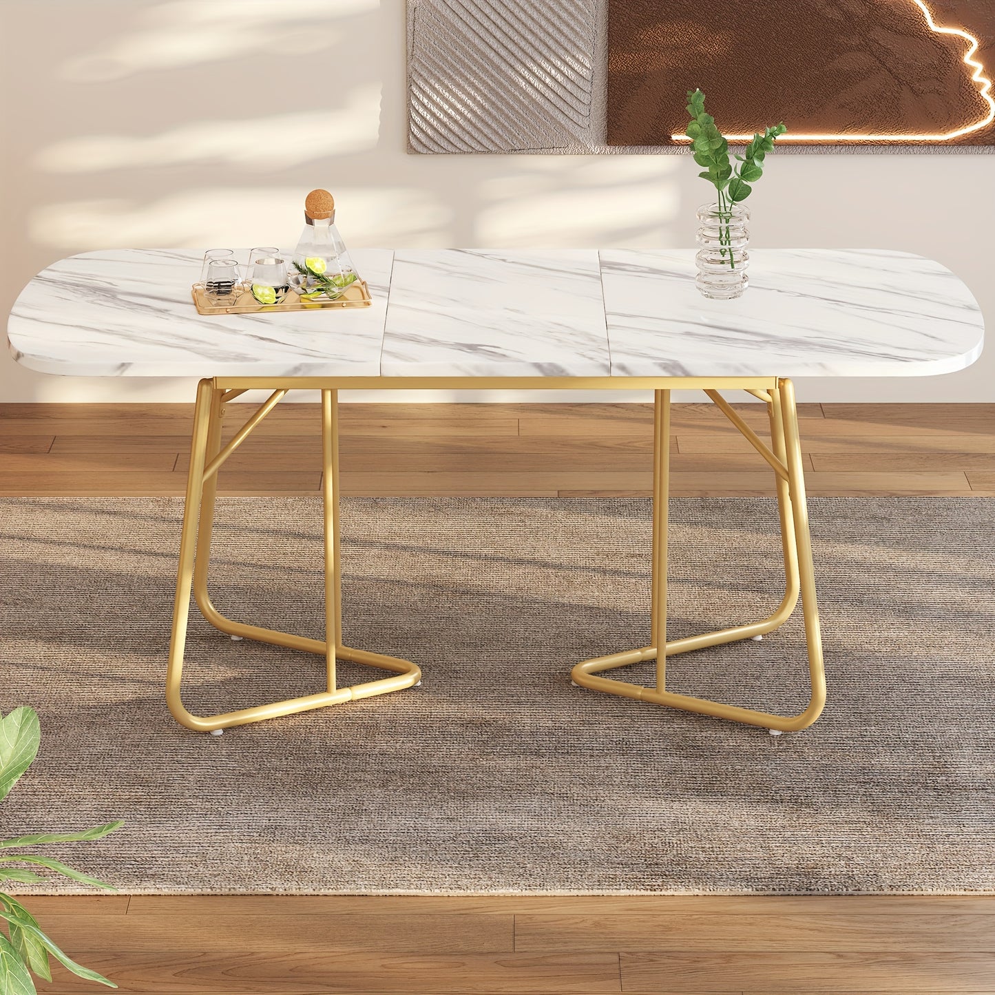 Uitschuifbare Eettafel – Uitklapbare Tafel – Verstelbare Eettafel – Marmeren Tafel – Witte Eettafel – Goudkleurige Metalen Poten – 140-180 cm Lengte – Modern Luxe Design