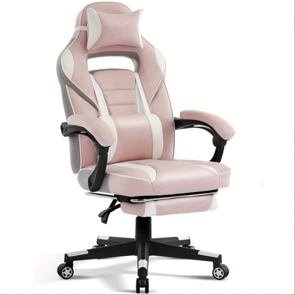 Ergonomic Gaming Chair with Massage Lumbar Support & Retractable Footrest - 360° Swivel, Height-Adjustable Computer Desk Chair with Headrest & Backrest Cushion, Quiet-Rolling Casters for Office & Home, Easy Assembly (No Tool
