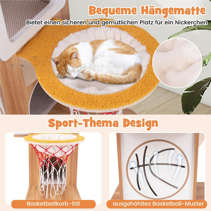 Krabpaal – Kattenboom – Kattenmeubel – Krabton – Krabhuis – 120 cm Hoog – Houten Structuur Met Hangmat Basketbal Design