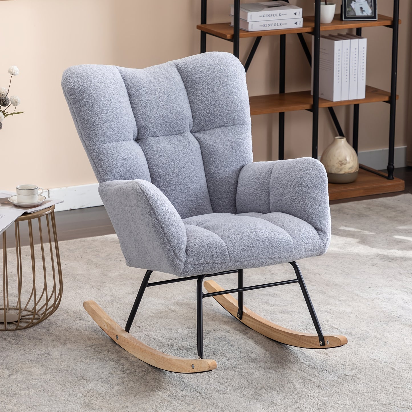 Mid-Century Modern Teddy Cloth Rocking Chair with Tufted Cover And Upholstered Seat for Living Room And Bedroom, Light Gray