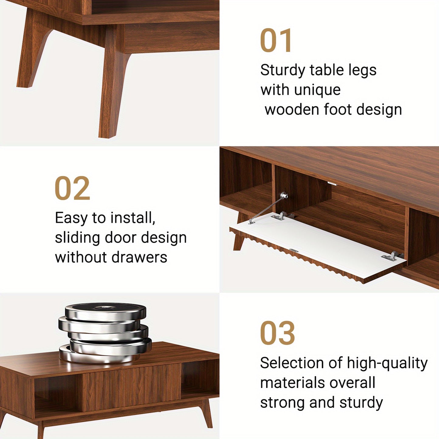 Salontafel – Woonkamertafel – Koffietafel – Tafel met Opbergruimte – Mid-Century Tafel – Notenhout Design – 2 Lades & 2 Open Vakken – Stevig MDF Metalen Poten