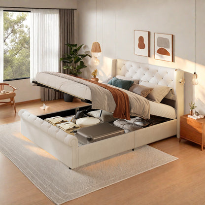 Opbergbed – Tweepersoonsbed – Bedframe – Fluwelen Bed – Stijlvol Bed – 160 x 200 cm – Hydraulische Lift – LED Leeslicht met USB Poorten