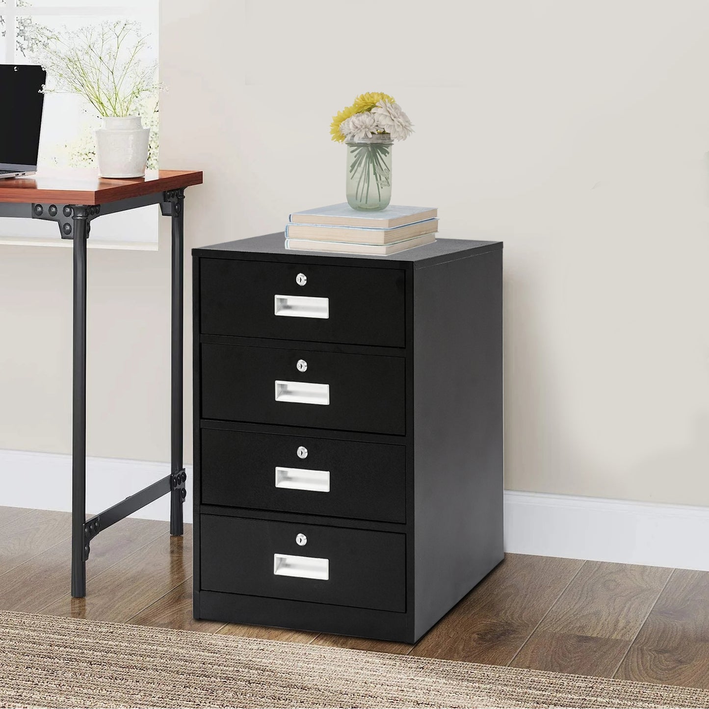 Metalen Opbergkast – Ladekast – Archiefkast – Documentenkast – Lockerkast – Stevig Koudgewalst Staal – 4 Lockable Laden met Sloten – Ruimtebesparend Verticaal Design – Zwart